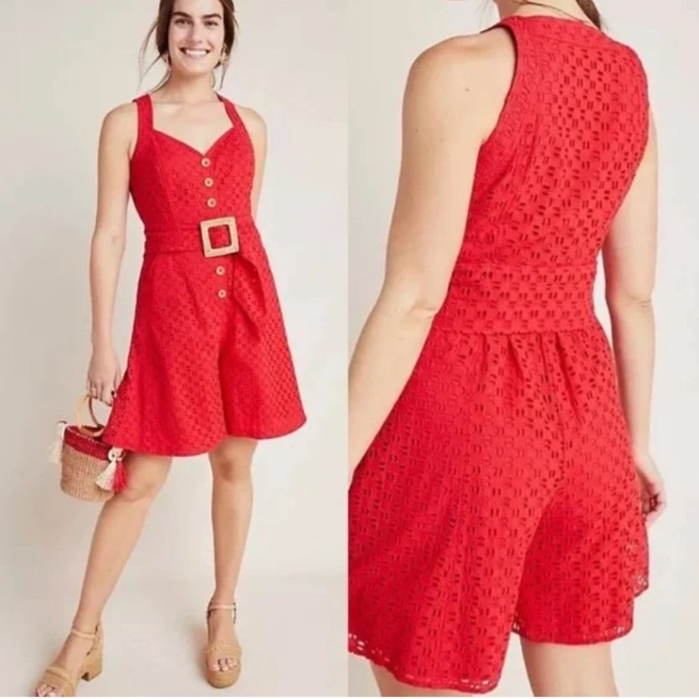 Anthropologie Belted Eyelet Red Romper